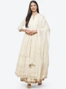 Biba Women Off-White Embroidered Panelled Pure Cotton Kurta with Skirt & Dupatta