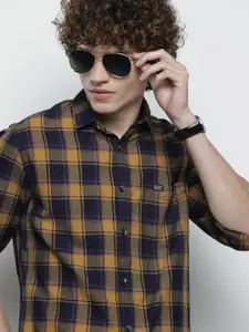 The Indian Garage Co Men Navy Blue & Mustard Yellow Checked Casual Shirt