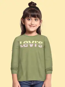 Levis Girls Olive Green & Yellow Pure Cotton Brand Logo Printed T-shirt