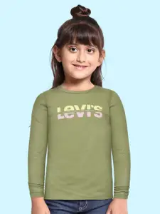Levis Girls Olive Green & Yellow Pure Cotton Brand Logo Printed Pure Cotton T-shirt