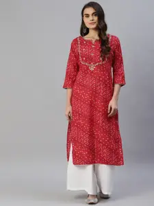 Vbuyz Women Pink Bandhani Printed Embroidered Detail Kurta