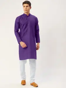 Jompers Men Purple & White Solid Pure Cotton Kurta with Churidar