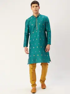 Jompers Men Teal Blue & Gold-Toned Embroidered Woven Design Kurta with Churidar