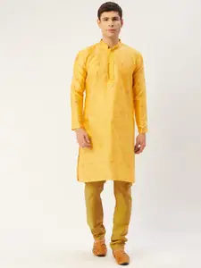 Jompers Men Yellow & Gold-Toned Embroidered Woven Design Kurta with Churidar