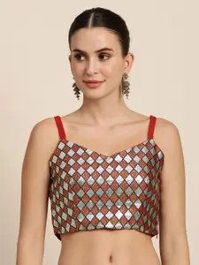 Mimosa Women Silver & Red Woven Design Readymade Saree Blouse