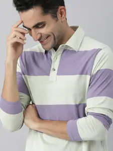 RARE RABBIT Men Green & Purple Striped Polo Collar Pure Cotton Slim Fit T-shirt