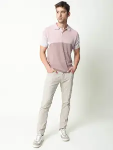 RARE RABBIT Men Pink & White Colourblocked Polo Collar Pure Cotton Slim Fit T-shirt