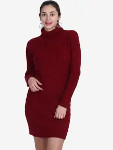 JoE Hazel Women Maroon Self Design Sweater Dress