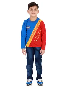 FOURFOLDS Boys Blue & Red Printed T-shirt with Trousers