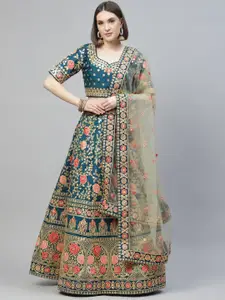 Readiprint Fashions Teal & Pink Embroidered Sequinned Semi-Stitched Lehenga & Unstitched Blouse With Dupatta