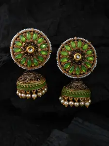 justpeachy Green & Gold-Plated Studded Classic Jhumkas Earrings