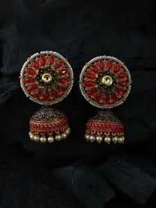 justpeachy Red & Gold-Toned Classic Jhumkas Earrings