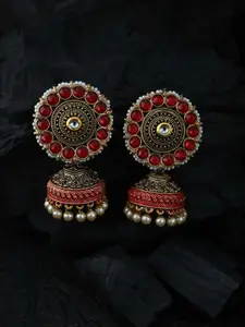 justpeachy Gold-Plated Red & White Dome Shaped Jhumkas