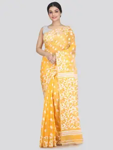 PinkLoom Yellow & White Woven Design Pure Cotton Jamdani Saree