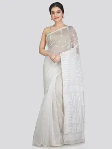 PinkLoom White Woven Design Pure Cotton Jamdani Saree