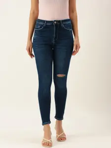 SHECZZAR Women Navy Blue Cotton Skinny Fit High-Rise Slash Knee Light Fade Jeans