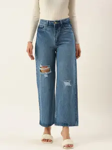 SHECZZAR Women Blue Cotton Wide Leg High-Rise Mildly Distressed Light Fade Jeans