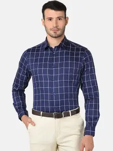 J Hampstead Men Navy Blue Classic Windowpane Checks Checked Formal Shirt