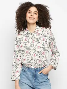 Pepe Jeans Women Cream-Coloured & Green Floral Printed Cotton Casual Shirt