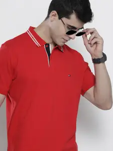 Tommy Hilfiger Men Red Solid Polo Collar Pure Cotton T-shirt