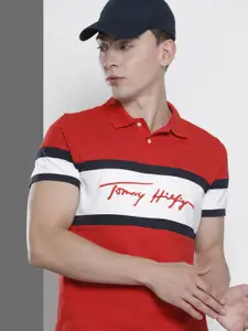 Tommy Hilfiger Men Red & White Colourblocked Polo Collar Embroidered Slim Fit T-shirt