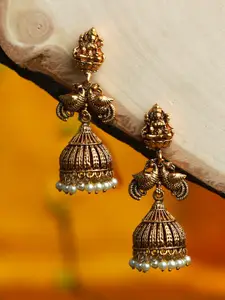 Priyaasi Gold-Toned Peacock Shaped Jhumkas Earrings