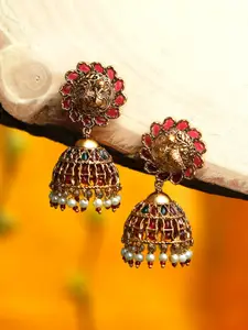 Priyaasi Gold-Toned & Red Floral Jhumkas Earrings