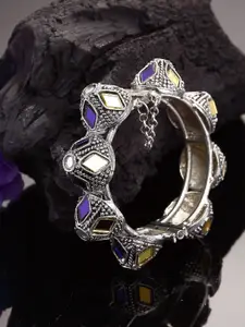Moedbuille Women Silver-Toned & Blue Brass Crystals Mirror Silver-Plated Cuff Bracelet
