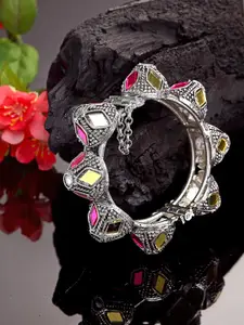 Moedbuille Women Silver & Magenta Brass Crystals Mirror Work Silver Plated Cuff Bracelet