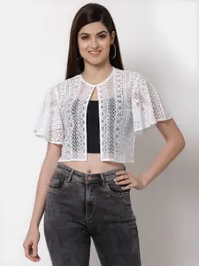 Style Quotient Women Off White Self Design Crop Sheer Shrug