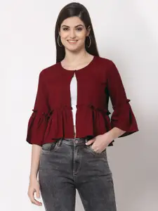 Style Quotient Women Maroon Solid Cotton Open Front Crop Shrug