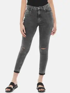 People Women Grey Skinny Fit High-Rise Slash Knee Acid Wash Cotton Cropped Jeans