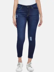 People Women Blue Skinny Fit Low Distress Cropped Jeans