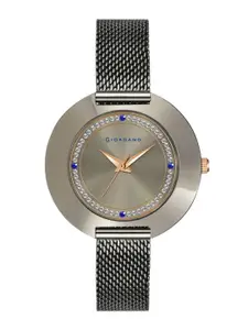 GIORDANO Women Grey Brass Embellished Dial & Gunmetal Toned Bracelet Style Straps Analogue Watch