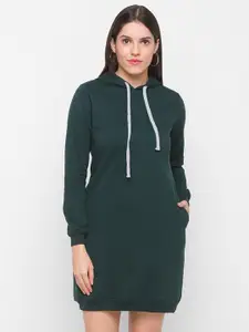 Globus Women Green Solid Hooded Longline Sweatshirt