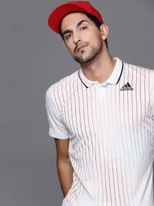 ADIDAS Men White & Blue Printed Melbourne Tennis Freelift Polo Collar Slim Fit T-shirt
