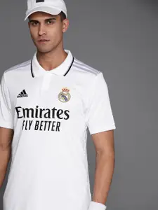 ADIDAS Men White & Black Brand Logo Real Madrid Printed Polo Collar Applique T-shirt