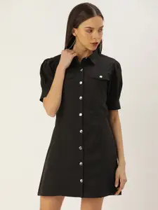 FOREVER 21 Jet Black Solid Shirt Collar Puff Sleeves Pockets Detailing Shirt Mini Dress
