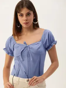 FOREVER 21 Blue Sweetheart Neck Smocked Pintuck Pleated Top