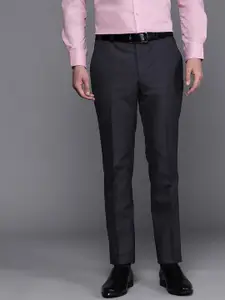 Raymond Men Navy Blue Textured Slim Fit Mid-Rise Formal Trousers