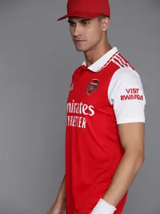 ADIDAS Men Red & White Brand Logo Arsenal Striped Polo Collar Applique Aeroready Football T-shirt