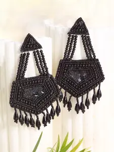 Moedbuille Black Beads Sequins & Pearls Studded Drop Earrings