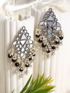 Moedbuille Silver-Toned & Black Mirrors & Pearls Studded Classic Drop Earrings