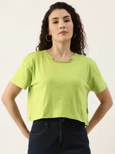 FOREVER 21 Green Solid Drop-Shoulder Sleeves Crop Top
