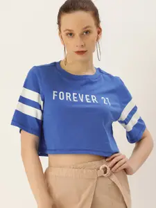 FOREVER 21 Women Blue Brand Logo Printed T-shirt