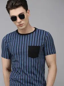 V Dot Men Pure Cotton Striped T-shirt With Chest Pocket