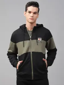 LINDBERGH Men Olive Green & Black Colourblocked Hooded Sweatshirt