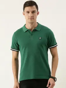Flying Machine Men Green Self Design Polo Collar Pure Cotton Slim Fit T-shirt