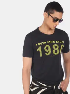 Flying Machine Men Black & Yellow Typography Printed Pure Cotton Slim Fit T-shirt