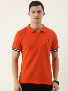 Flying Machine Men Orange Self Design Polo Collar Pure Cotton Slim Fit T-shirt